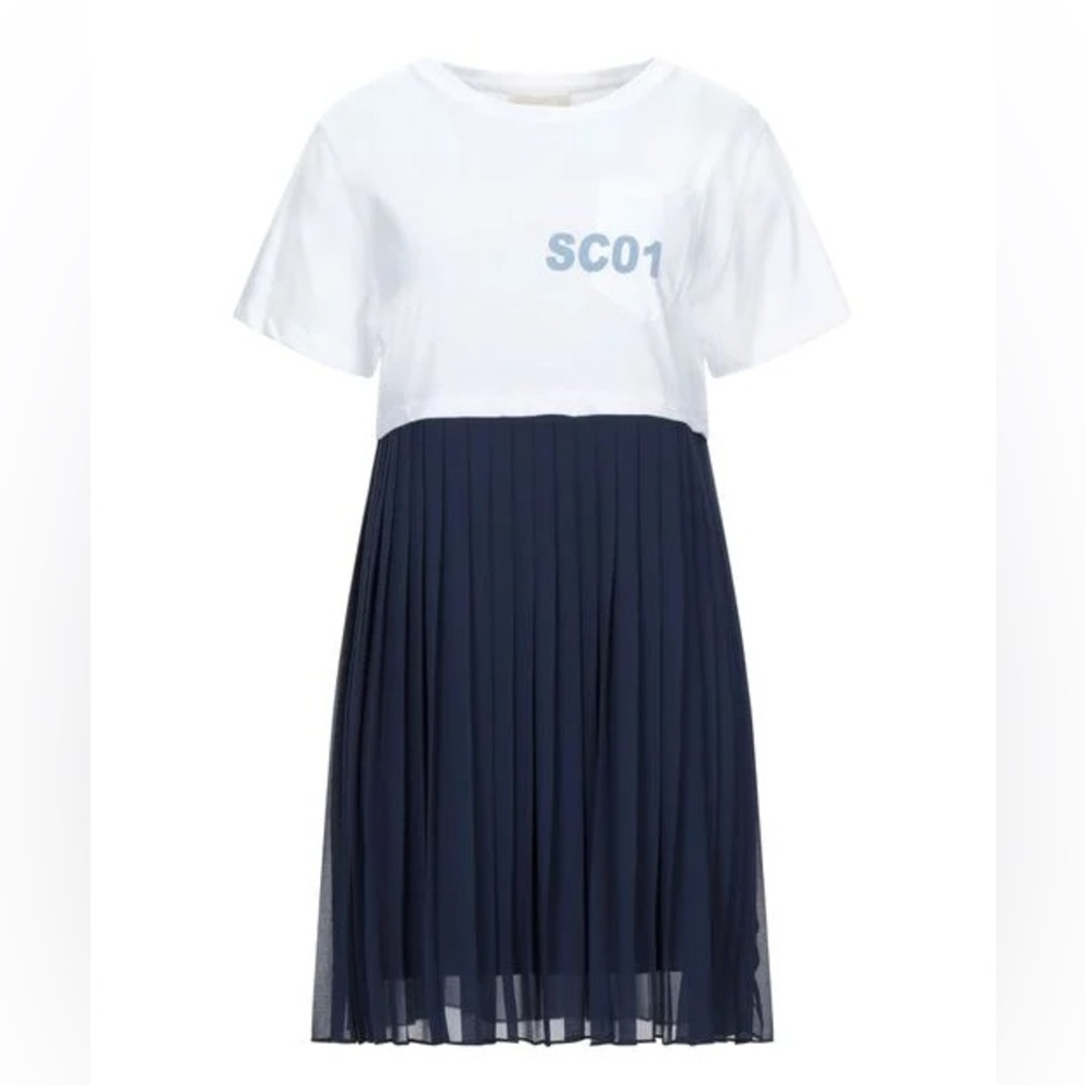 Navy and White Pleated T-Shirt Mini Dress - Size XL